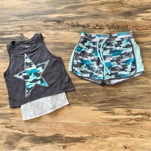Justice Active Girls Camouflage Star 2fer Tank Top & Shorts Size 10 Camo Teal
